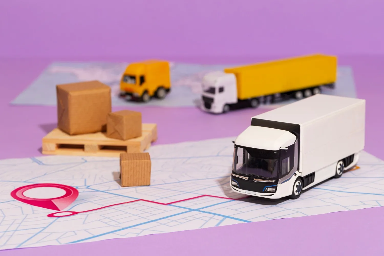 Camiones en miniatura sobre un mapa con una ruta de transporte marcada